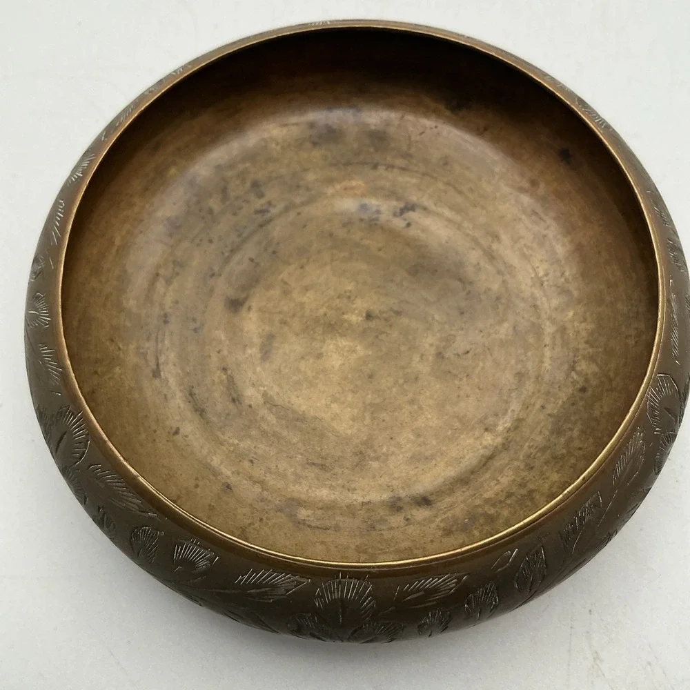 Vintage Brass Bowl w/Wire Grid Cover & Wood Spheres,‎ India, Etched Leaves